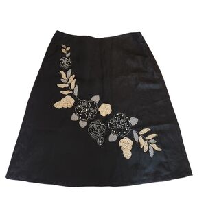 Ann Trinity NWT A-line Black Linen Blend Skirt with Floral Embroidery sz 12